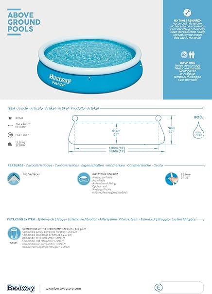 caracteristicas Piscina Hinchable Bestway Fast Set grande 366x76 cm infantil y adultos